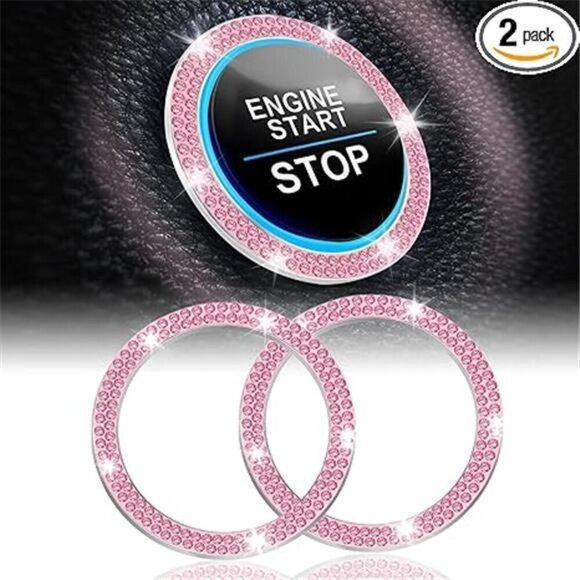 Car Start Button Bling Rhinestone Diamond Engine Button Ring 2-Pack Double Pink - Picture 7 of 7